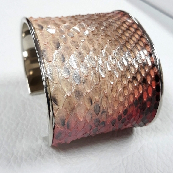 Metallic/ Pink Hand Painted Python Snakeskin Cuff Bracelet/ Handcrafted - Picture 14 of 16